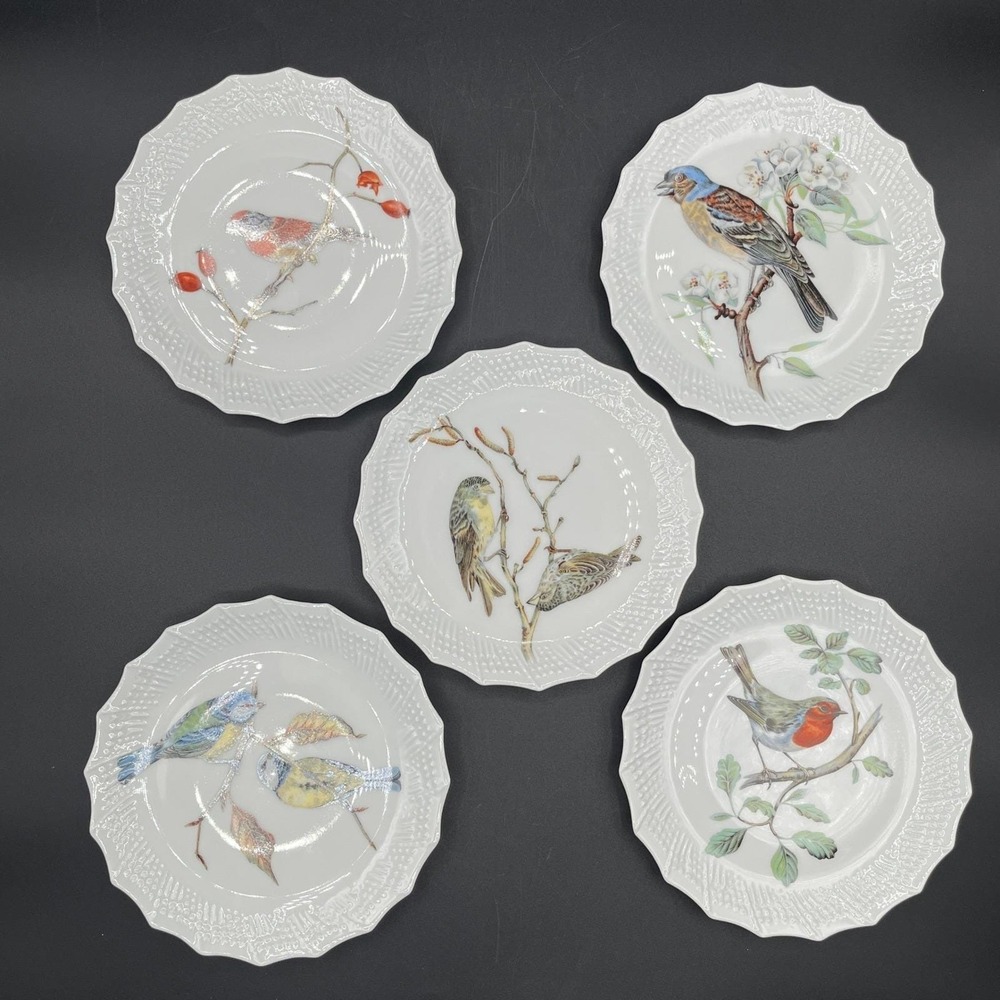 Vtg Limoges France Bird Porcelain Dessert Plates Set of 5 Scalloped Basketweave
